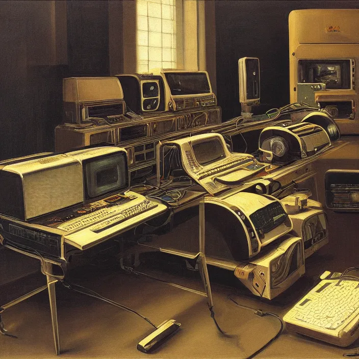 Image similar to still life painting of a retro electronics supercomputer workstation by pieter claesz, oil on canvas, blade runner vibes, syd mead concept art, strong lighting, highly detailed, hyper realism, golden hour, god rays, hd, 4 k