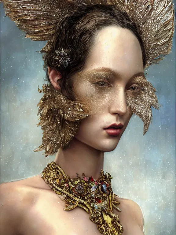 Image similar to realistic 3d character render of a beautiful woman, veiled, embellished sequined,feather-adorned,by tom bagshaw,Cedric Peyravernay,William Holman Hunt,William Morris,Catherine Nolin,metropolis,Gucci,Dior,intricate, elegant, highly detailed, digital painting, artstation, concept art, smooth, sharp focus, illustration,maximalist,glittering,feminine