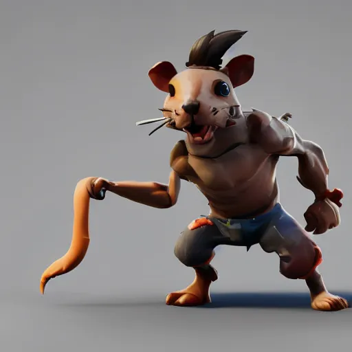 Image similar to a cute muscular rat wearing shorts, 3D render, Z-Brush sculpt, fortnite style