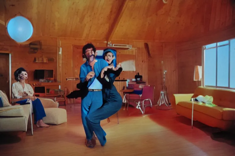 Prompt: first-person perspective view of two happy senior people wearing discowear having a dance party inside of a 1970s luxury a-frame cabin with a soviet computer console on the wall, large windows, an exterior of an evening ocean beach, ektachrome photograph, f8 aperture