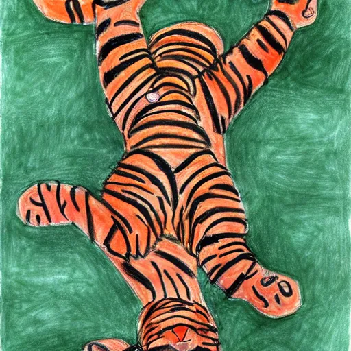 Image similar to drawing of a tiger cubs floating upside down in a pond of black oil, red ballpoint pen, outsider art style