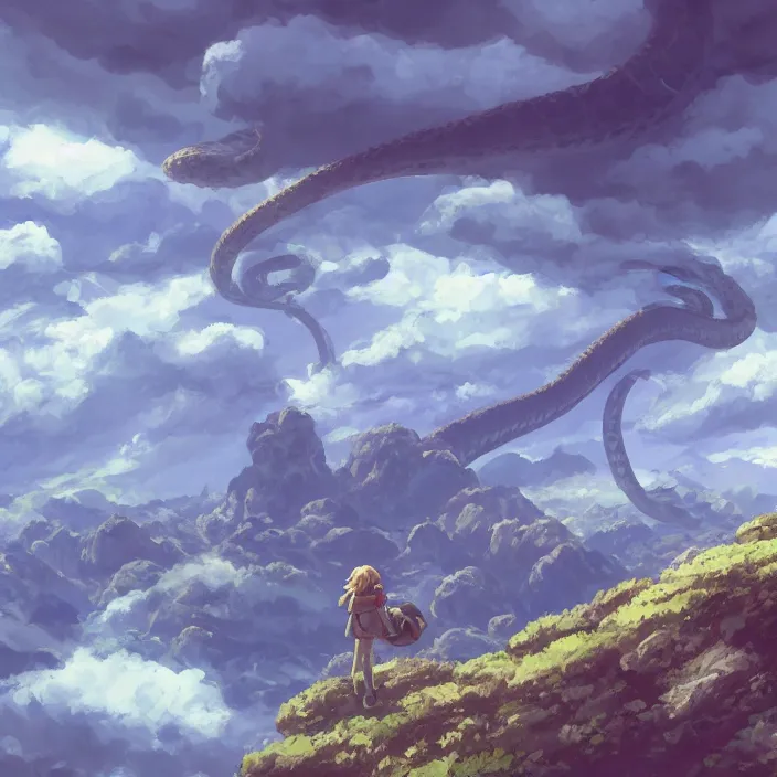 Prompt: giant snake flying over the mountains, clouds and sky, inspired by Nausicaa of the Valley of the Wind, Studio Ghibli, Hayao Miyazaki, 8k, 4k, UHD, HDR, photorealistic, 3D, digital painting, matte painting, environment design, by Victor Nava, Artstation