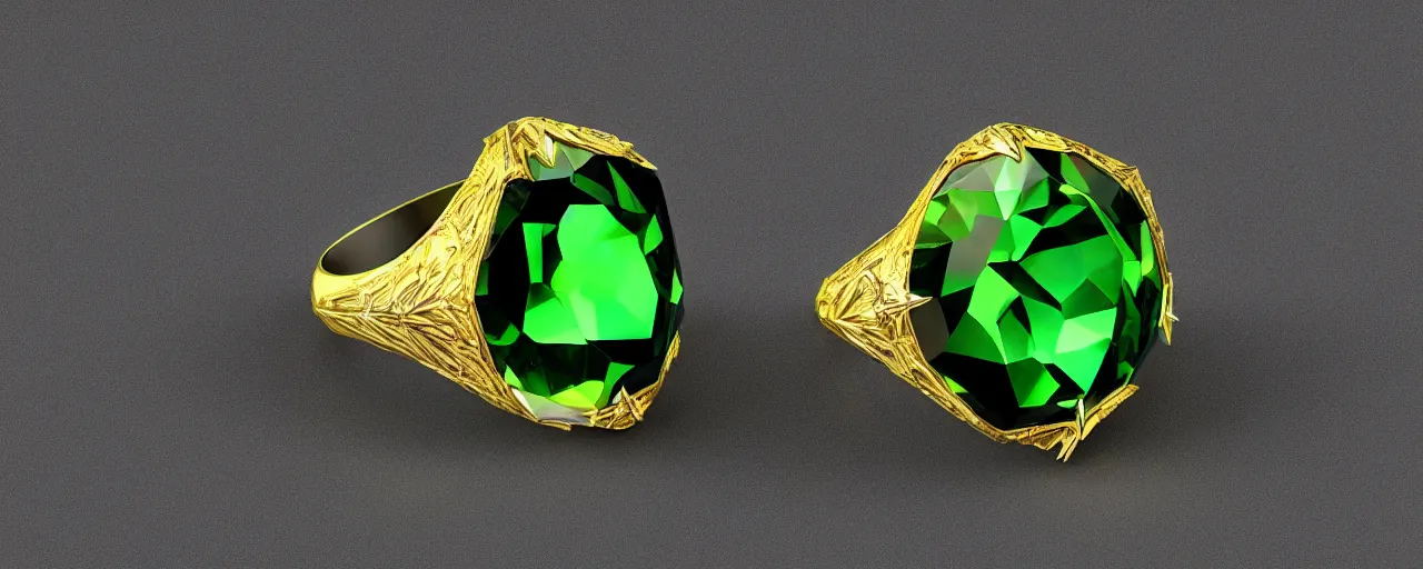 Prompt: simple magic crystal ring of poison, radiant cut, green, gold, black, purple. smooth shank, setting, prongs, crystal, engravings, diamonds, product design, jewelry, colorful, art by gerald brom, greg rutkowski and artgerm, photo realism, unreal engine, c 4 d