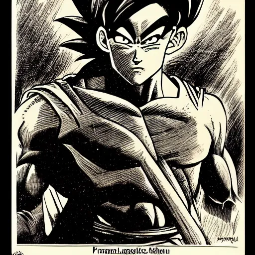 Image similar to franklin booth illustration of a man with sharp features from dragon ball z