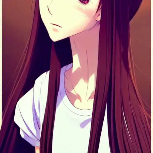 Prompt: attractive elegant sophisticated reservedyoung woman, slim figure, perfect silky straight hair, smooth tan skin, dark circles under bemused eyes, hip emo fashion, tshirt!!, shorts!!, illustrated for newtype magazine!! by range murata!!!, pinterest, very interesting digital painting, beautiful portrait!!!