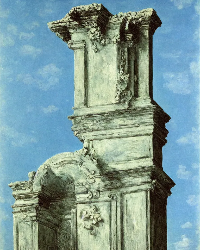 Image similar to achingly beautiful painting of intricate ancient roman corinthian capital on a baby blue background by rene magritte, monet, and turner. giovanni battista piranesi.