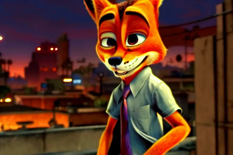 Prompt: nick wilde as max payne 3 set in neo - noir zootopia