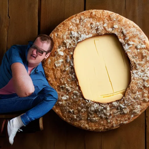 Prompt: peter griffin eating a large wheel of cheese, dslr, photorealistic, natural lighting,