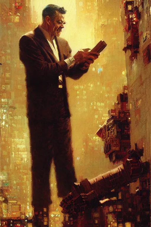 Image similar to j jonah jameson picking out cigars painting by gaston bussiere, craig mullins