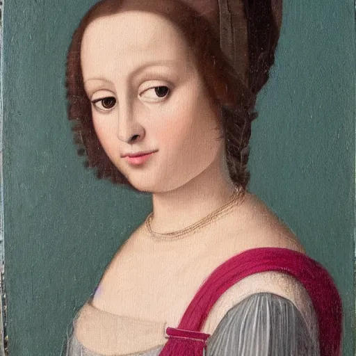 Image similar to Renaissance oil painting full head portrait pretty young lady, dark hair, pink cheeks, grey and white dress