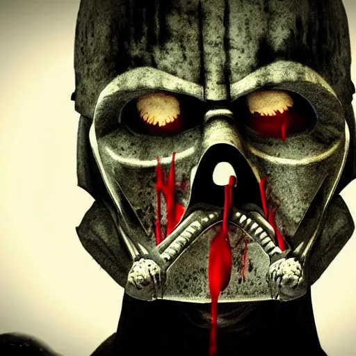 Prompt: darth vader with his mask off his face is rotting zombie face with holes and fat and tissue and blood showing from battle wounds cinematic hdr