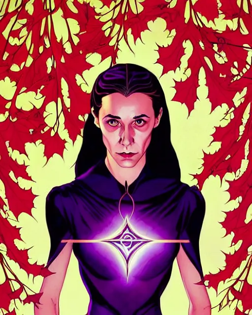Image similar to beautiful stella maeve magician, black magic spells, in the style of joshua middleton, rafeal albuquerque comicbook cover art, phil noto, creepy pose, spooky, symmetrical face and body, cinematic lighting, detailed realistic symmetrical eyes, insanely detailed and intricate elegant, autumn leaves