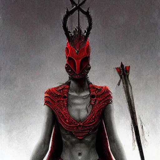 Image similar to Warrior princess with red armor in the style of Zdzislaw Beksinski