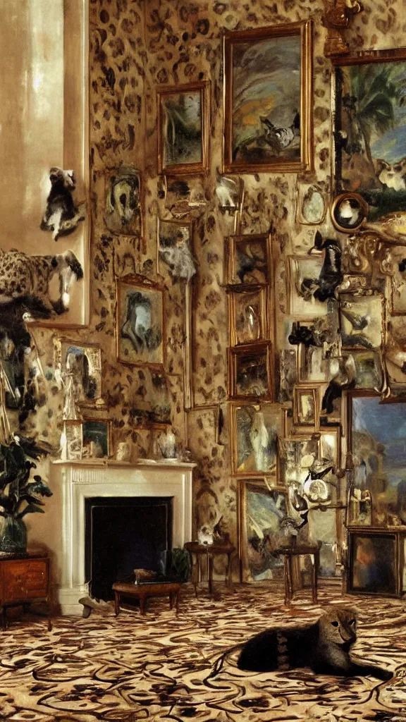 Prompt: cheetah set in floor on carpet in vintage room, frames of animals hanging out of wall, pot of palms in corner, painting by john singer sargent