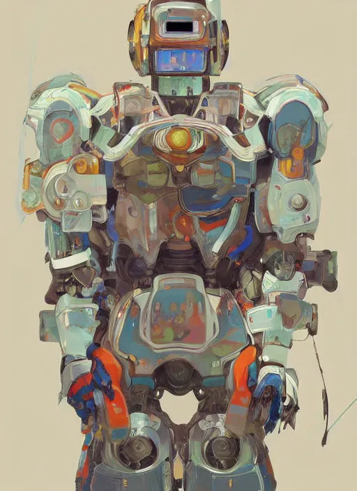 Image similar to colourful upper half portrait of army mecha robot - art by tenmyouya hisashi, hsiao - ron cheng & alphonse mucha, highly detailed, digital painting, illustration, smooth, sharp focus, intricate, symmetry, pinterest, behance, artstation