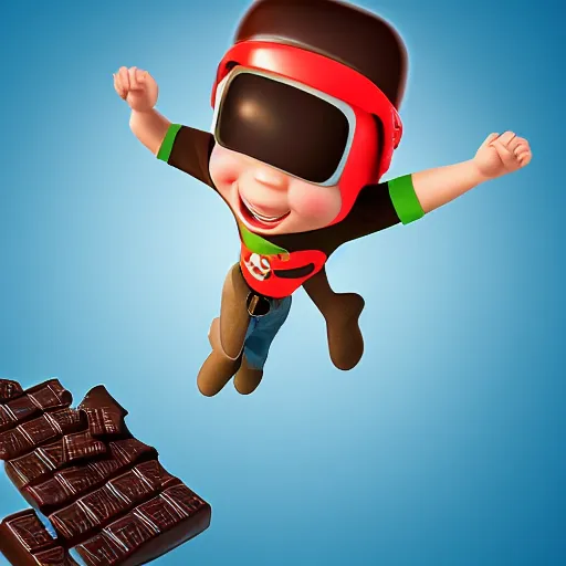 Prompt: a boy with a jetpack flying above a sea of chocolate, white background, pixar animation style,