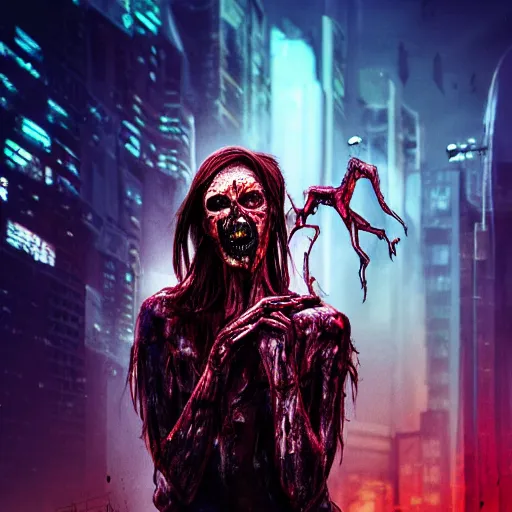 Image similar to a zombie holding a severed head, futuristic city, synthwave, highly detailed face, fantasy, epic, high quality