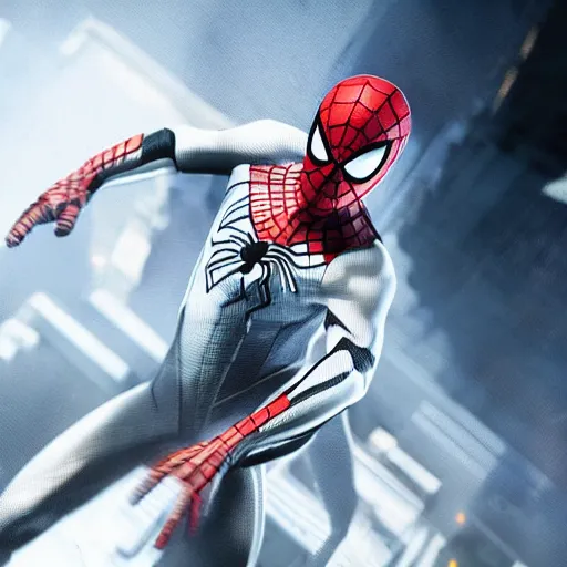 Image similar to white spider - man suit with black web lining, cinematic, volumetric lighting, realistic, hyperdetailed, photorealistic, photograph