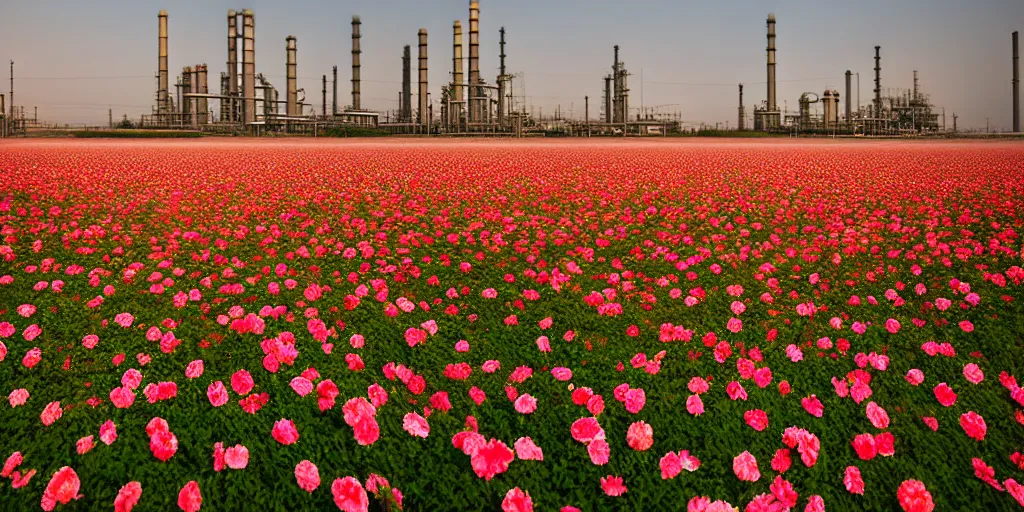 Prompt: a beautiful big field of rosses with in the background industry buildings with dirty smoke fire oil refinery, global illumination, by zeng fanzhi