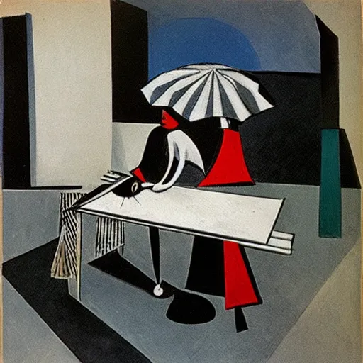 Prompt: chance meeting on a dissecting table of a sewing machine and an umbrella, by pablo picasso, trending on artstation