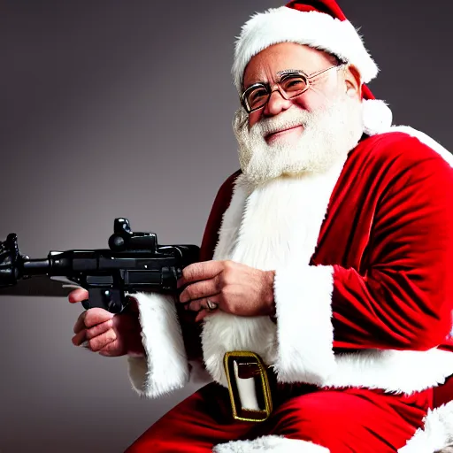 Image similar to cinematic shot of Danny Devito dressed as santa claus holding a LMG, 8k, very intricate, very detailed,