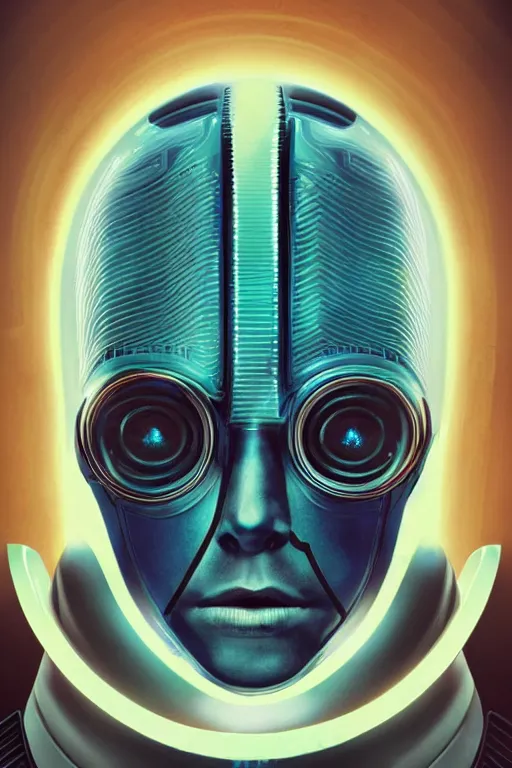 Image similar to portrait of a organic cyborg head wrapped in plastic by pixar, centered, symmetrical, bilateral symmetry, 80s poster, polished, retro dark vintage sci-fi, 2D matte illustration