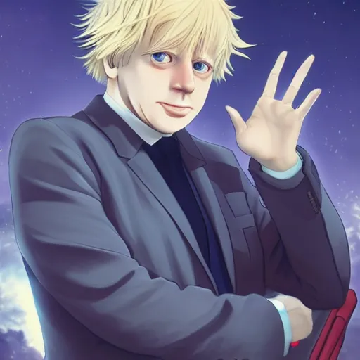 Image similar to cell shaded anime key visual of boris johnson as a catgirl, moebius, makoto shinkai, dramatic lighting