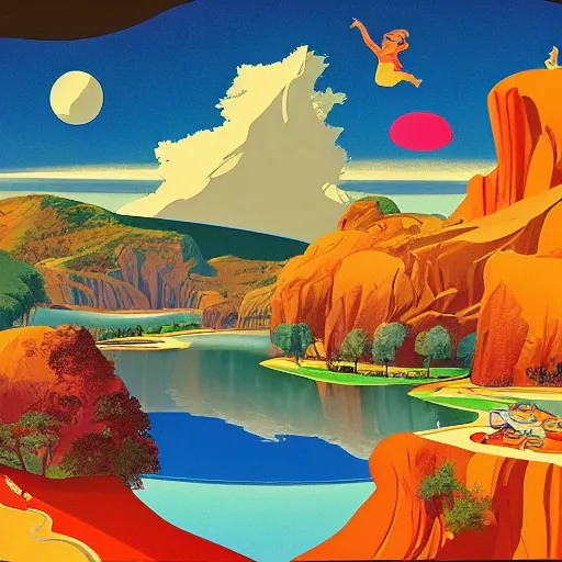 Image similar to hanna barbera, beige imposing, fine by alex ross. a illustration of a landscape. it is a stylized & colorful view of an idyllic, dreamlike world with rolling hills, peaceful animals, & a flowing river. the scene looks like it could be from another planet, or perhaps a fairy tale.