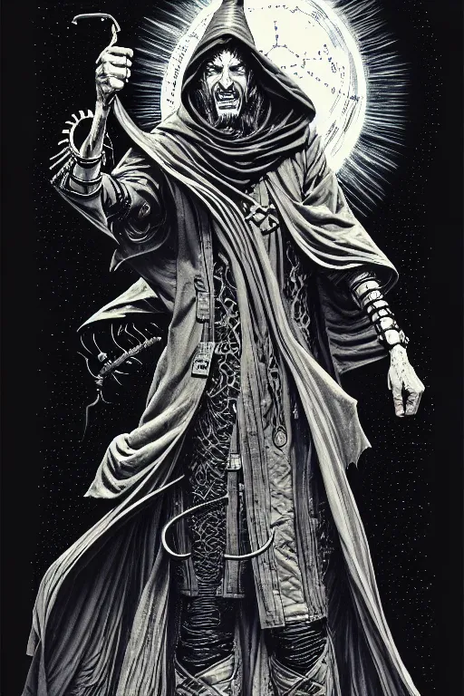 Image similar to side view of a cloaked ancient alchemist steampunk wizard casting a spell, high details, lineart, by vincent di fate and joe fenton,, inking, screen print, masterpiece, trending on artstation, sharp, high contrast, hyper - detailed, hd, 4 k, 8 k