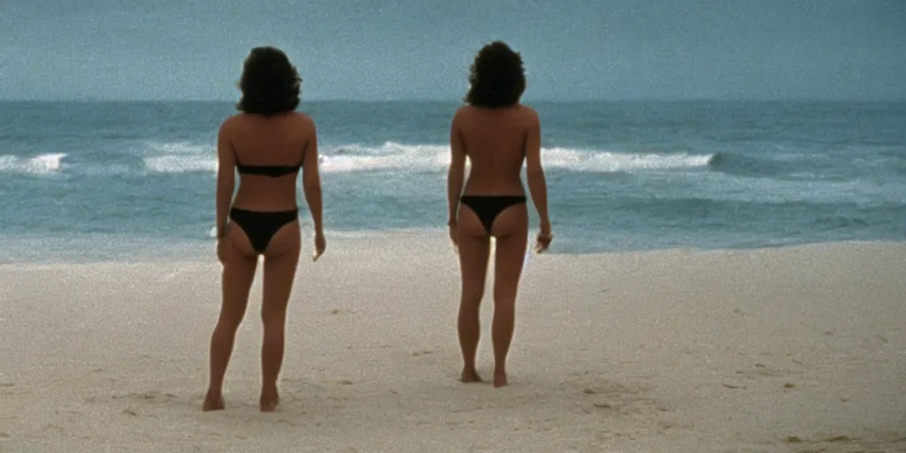 Image similar to color film still, view from behind, a woman in black bikini standing on the beach ; alien 2 ( 1 9 8 6 )