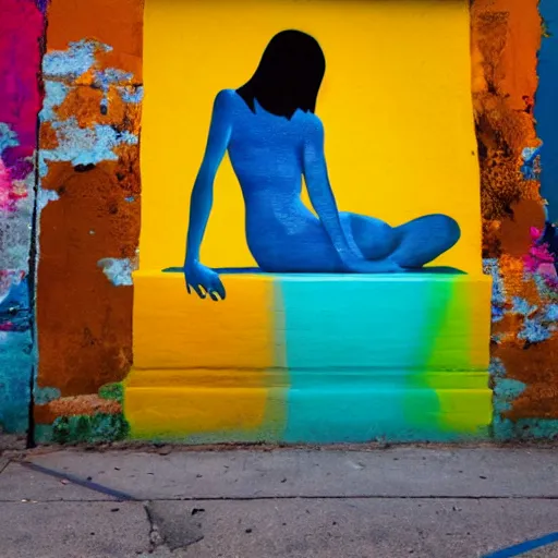 Image similar to This street art is a beautiful example of use of color and light. The street art depicts a woman reclining on a couch, with her head turned to the side and her eyes closed. The woman's body is bathed in a light, and her skin appears to glow. The artist has used a soft, delicate palette to create a sense of tranquility and serenity. The street art is elegant and graceful, and the woman's face is incredibly expressive. It is a truly beautiful street art. by Jack Gaughan tranquil