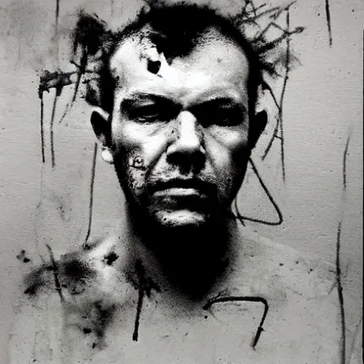 Prompt: grainy mugshot photo of an ugly criminal, (((high tech, cyberpunk))), by cy Twombly and BASTIEN LECOUFFE DEHARME