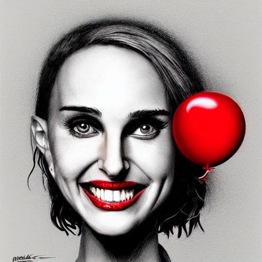 Image similar to surrealism grunge cartoon portrait sketch of natalie portman with a wide smile and a red balloon by - michael karcz, loony toons style, mad max style, horror theme, detailed, elegant, intricate