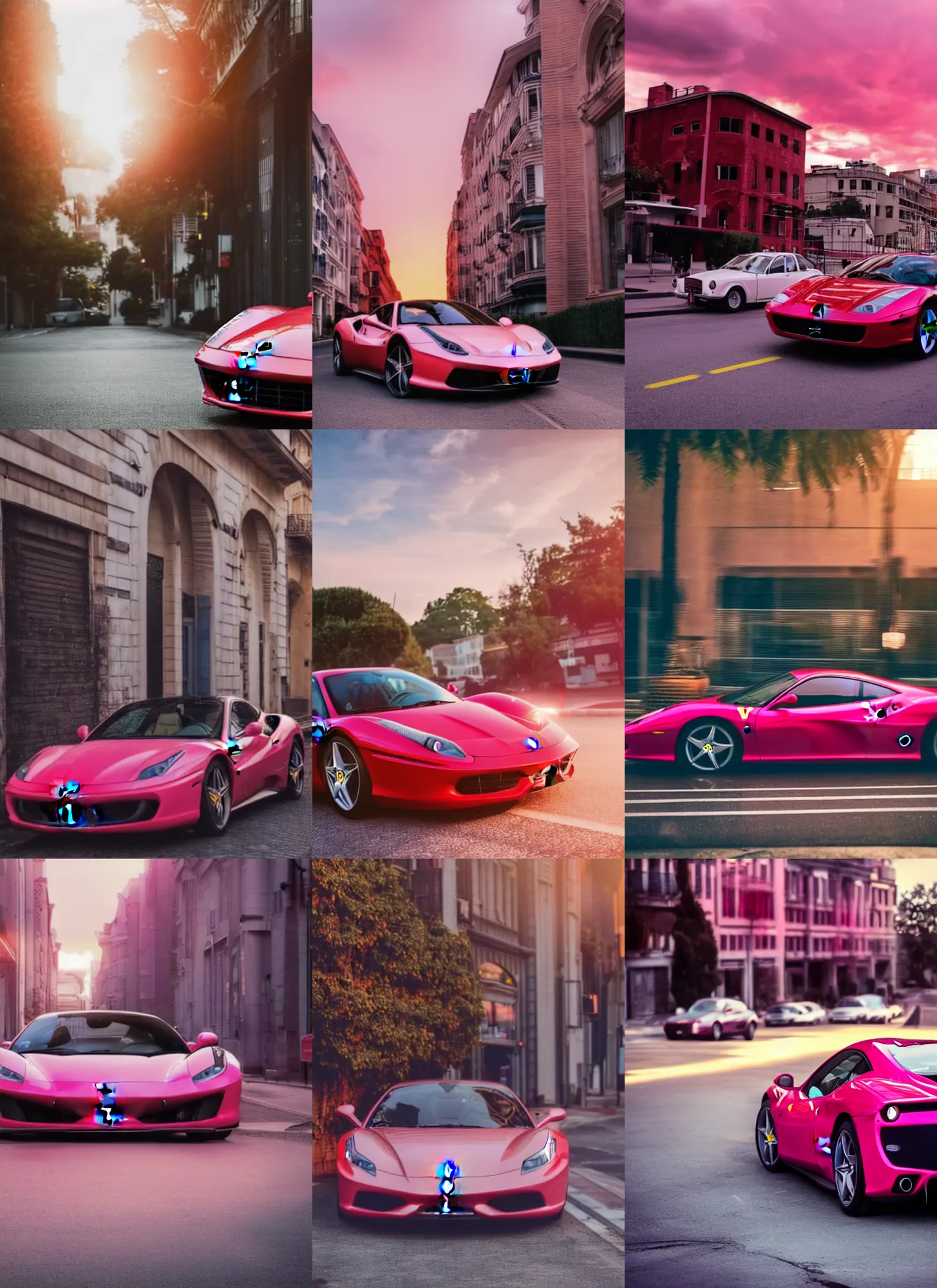 Prompt: a Ferrari car on the street, pink sunset, dramatic lighting