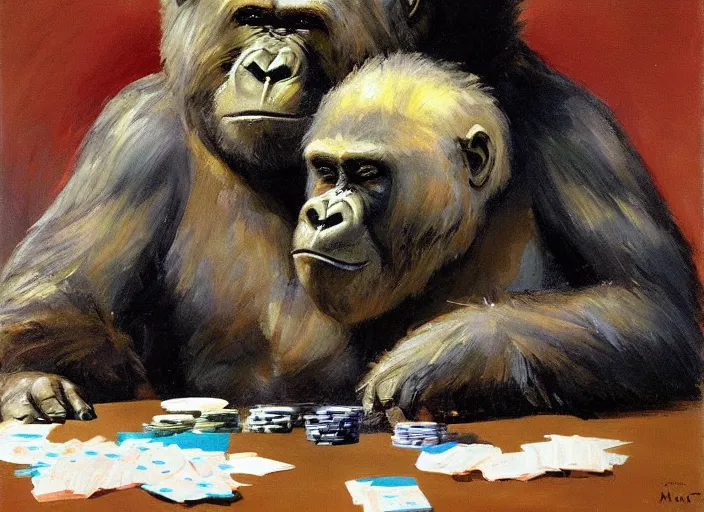 Image similar to gorrila with a bear, playing poker highly detailed beautiful, by gregory manchess, james gurney, james jean