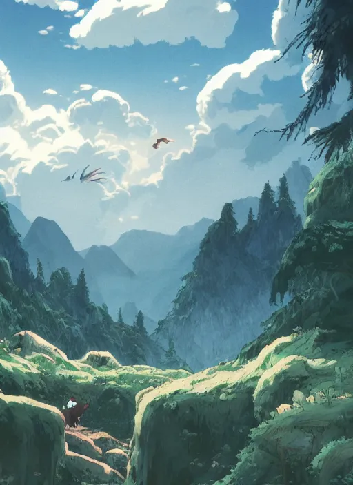 Image similar to the flim poster of a magical place around mountains and river, white spirit flying around the sky, miyazaki's animated film, ghibli studio, princess mononoke, 4 k, highly detailed, horizon view, cinematic composition, hyperdetailed,