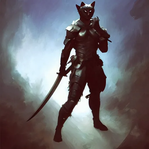 Image similar to character concept portrait, a warrior cat holding a sword in a combat stance. dark background. bright glowing. digital painting, concept art, smooth, sharp focus, illustration, from metal gear, by ruan jia and mandy jurgens and william, adolphe bouguereau, artgerm