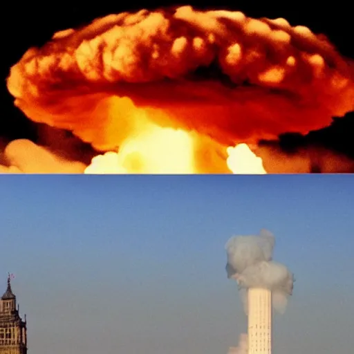 Image similar to nuclear bomb in london, big ben clock tower, huge mushroom cloud, destruction