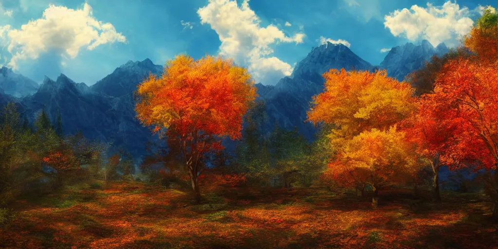 Image similar to peaceful clouds, mountain range, autumn, colorful leaves, epic, matte painting, concept art, 4k