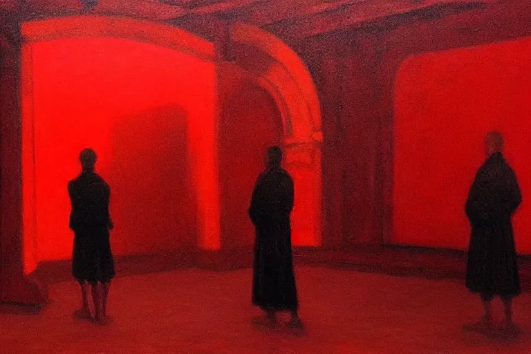 Image similar to only with red, crowd screaming, an exposed painting in a roman theater, in the style of beksinski, parts by edward hopper, parts by rodcenko, parts by yue minjun, intricate and epic composition, red by caravaggio, insanely quality, highly detailed, masterpiece, red light, artstation, 4 k