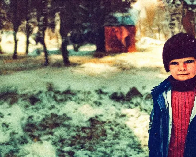 Prompt: a lomographic portrait photo of soviet boy in soviet yard in small town, bokeh