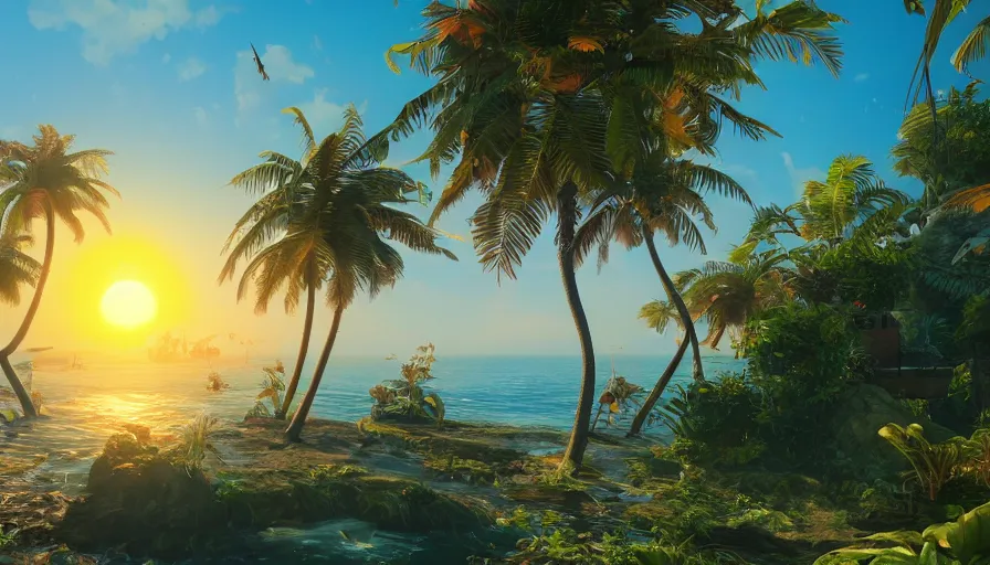 Prompt: Tropical island with the sun in the background and birds flying by, hyperdetailed, artstation, cgsociety, 8k