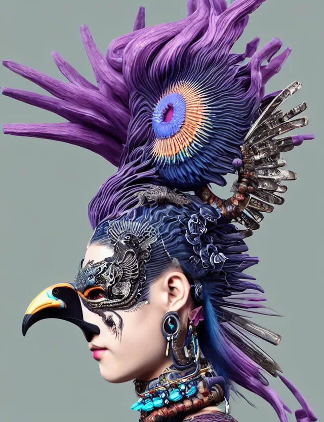 Image similar to 3 d goddess close - up profile portrait punk with mohawk with ram skull. beautiful intricately detailed japanese crow kitsune mask and clasical japanese kimono. betta fish, jellyfish phoenix, bio luminescent, plasma, ice, water, wind, creature, artwork by tooth wu and wlop and beeple and greg rutkowski