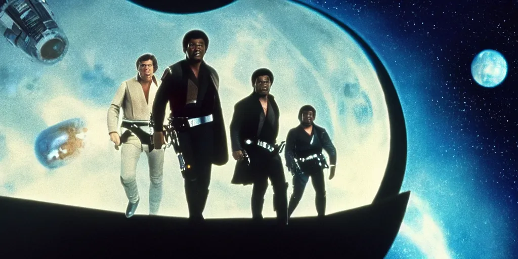 Image similar to screenshot of portrait Han Solo, Lando Calrissian and Luke Skywalker standing on an surreal minimalist a planet of maelstrom, the world without form, 1970s film by Stanley Kubrick, iconic scene, stunning cinematography, octane render, hyper-detailed, sharp, anamorphic lenses, kodak color, 4k, stunning