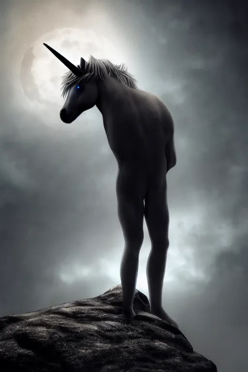 Image similar to sad Suicidal depressed unicorn man hangs himself from the moon, dramatic lighting, cinematic, establishing shot, extremely high detail, foto realistic, cinematic lighting, post processed, concept art, high details, cinematic, 8k resolution, beautiful detailed, photorealistic, digital painting, artstation, concept art, smooth, sharp focus, artstation trending, octane render, unreal engine
