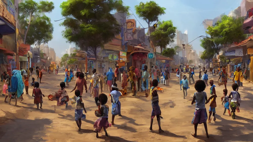 Prompt: street in a big african city, kids playing, summer, david febland, artstation, matte painting