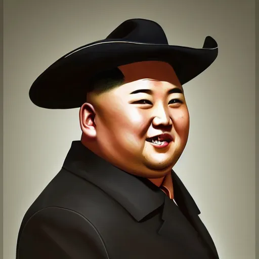 Prompt: a portrait of a kim jong un with a cowboy hat on with an American flag scarf, D&D, sci-fi, elegant, hopeful, muscular, highly detailed, digital painting, artstation, concept art, smooth, sharp focus, illustration