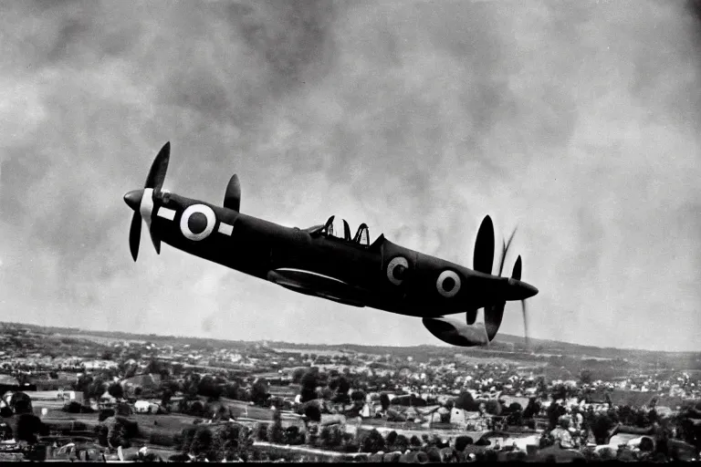 Image similar to spitfire with a flaming wing flying over a town 1940s britain