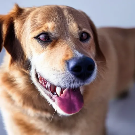 Prompt: a dog that is smiling with human teeth