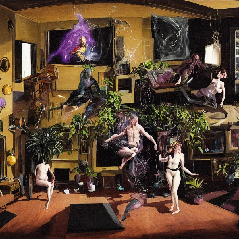 Prompt: Detailed image of a man and woman start to bounce in a living room of a house, floating dark energy surrounds the middle of the room. There is one living room plant to the side of the room, surrounded by a background of dark cyber mystic alchemical transmutation heavenless realm, by francis bacon and Jenny seville, midnight hour, part by adrian ghenie, part by jeffrey smith, part by josan gonzales, part by norman rockwell, part by phil hale, part by kim dorland, artstation, highly detailed